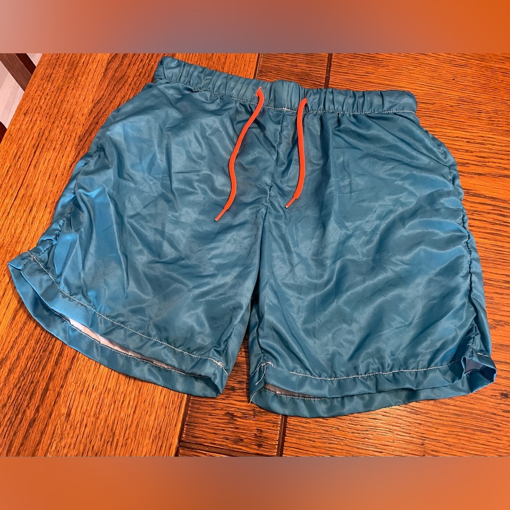 Men's Teal Swim Trunks with Orange Drawstring